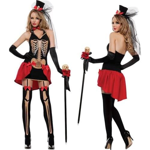 Women Sexy DEATH skull Horror cosplay Costume dress +hat + gloves + socks Halloween party ghost vampire costumes Dress for Adult