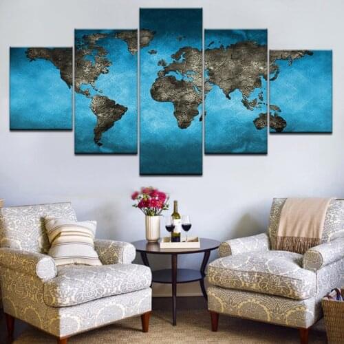 5Panel/piece HD Printed Ocean Blue Map World Map wall posters Print On Canvas Art Painting For home living room decoration
