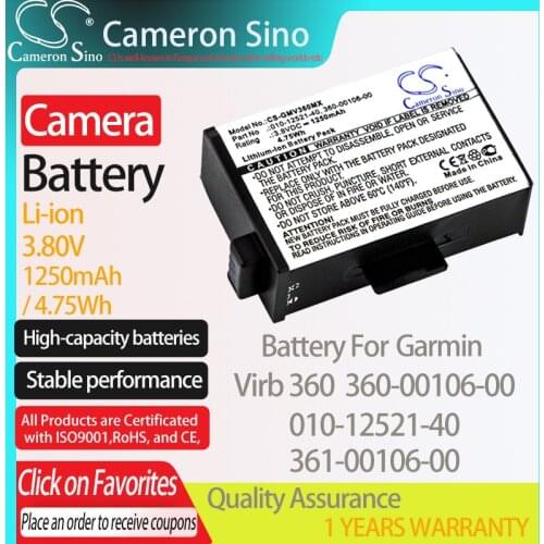 CameronSino Battery for Garmin Virb 360 fits Garmin 010-12521-40 360-00106-00 361-00106-00 camera battery 1250mAh/4.75Wh 3.80V