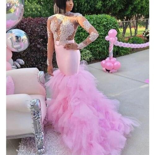 Arabic Aso Ebi Pink Lace Beaded Evening Dresses Mermaid Sexy See Through Prom Dresses Backless Formal Party Dress Tulle