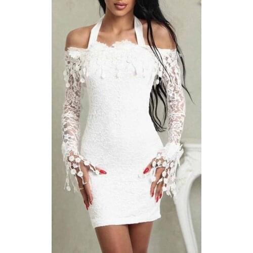 Long Sleeve White Bodycon Off The Shoulder Mini Dress Sexy Club Wear Midi Lace Dresses 2020 High Quality for Women Vestidos