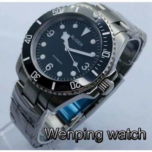 Bliger 40mm Mens Top Classic Mechanical Watch Sapphire Crystal Ceramic Bezel Black Dial Luminous NH35 Movement Automatic Watch