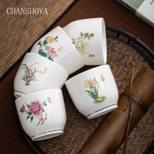 CHANSHOVA Chinese Style 170ml on-glazed Painted Flowers Ceramic Teacup White Porcelain Large Tea Cups for Home and Office H071
