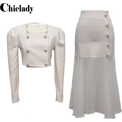 CHICLADY offce lady two pieces set beige square collar short double breasted tops mermaid midi skirt buttons ruffles sets mujer