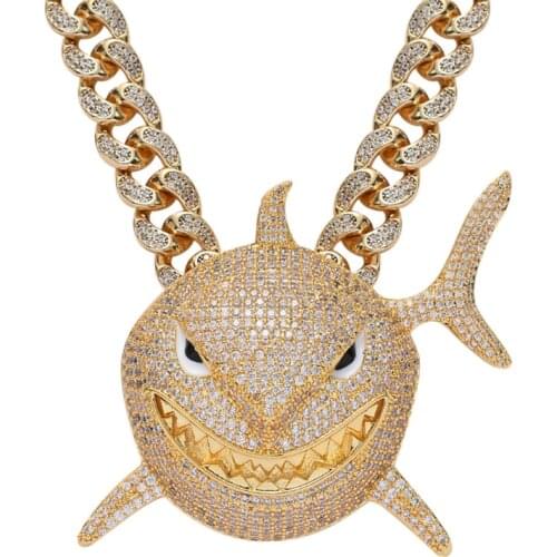 Full Zircon Hip Hop Animal Shark Head Pendant Cuban Chain Necklace Gold Color Charm Mens Rock Street Jewelry