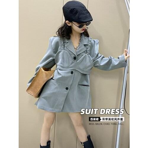 Girl design sense sling suit jacket 2021 spring dress new medium and large children loose casual top two-piece set tide