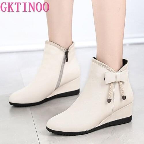 GKTINOO Botas Women Ankle Boots Wedges Female Short Boots Platform Winter Beige Genuine Leather Shoes Woman 2020 Botas Mujer