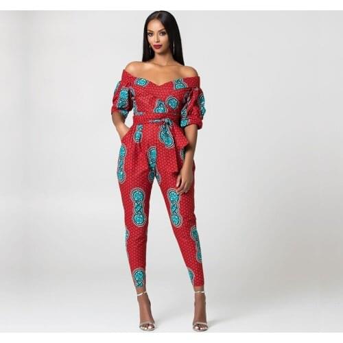 Elegant Work Wear Romper Women Printed Nightclub Lantern Sleeves Off Shoulder Ankara Jumpsuit Casual Playsuits African Clothes