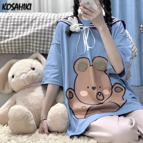 KOSAHIKI Summer Street Cartoon Bear Print Short Sleeve T-shirt Women Harajuku Kawaii Japan Style Sweet Cute Girls Top Tee Shirts