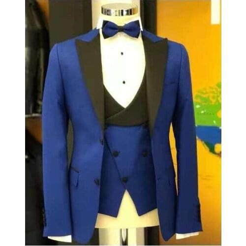 Custom Made Groomsmen Blue Groom Tuxedos Peak Black Lapel Men Suits Wedding Best Man Blazer ( Jacket+Pants+Vest+Tie ) C428