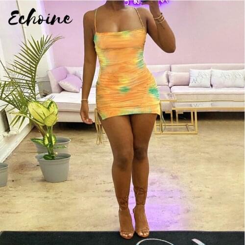 Colorful Tie Dye Drawstring Ruched Strap Women Dress Bodycon Backless Sexy Party Elegant 2020 Summer Clothes Club Outfit Slim
