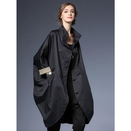 Fashion windbreaker loose mid-length bat sleeve single-breasted stand collar ladies casual large size black trench coat D147
