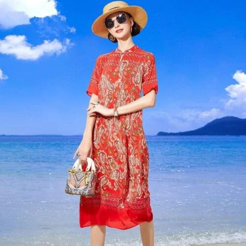 Summer Spring Vintage 4XL Plus Size Dress Women Chinese Style Red Print Mulberry Silk Midi Dress Elegant Bodycon Party Vestidos