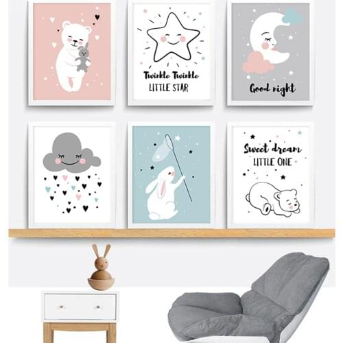 Cute Moon Star Nursery Wall Art Rabbit Canvas Posters Prints Cartoon Painting Nordic Kids Decoration Picture Baby Bedroom Decor
