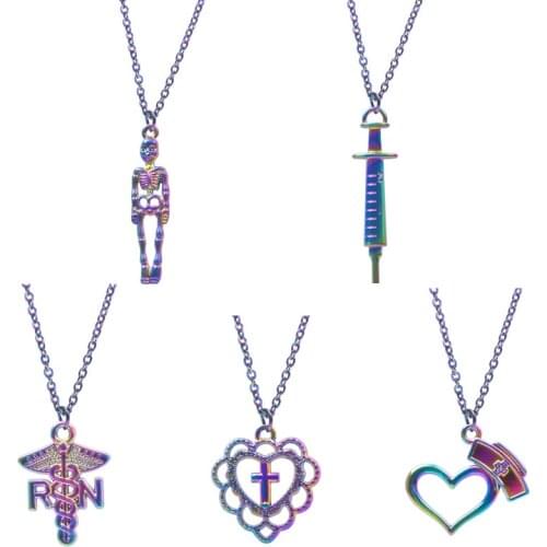 WHO Necklace For Women Men Vintage Jewelry Skull Syringe Charm Pendant Rainbow Heart Necklaces Statement Choker Punk Accessories