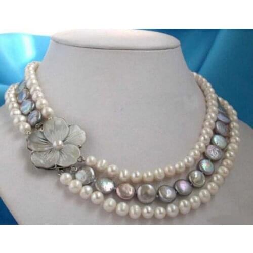 3 Rows Genuine Wite Black Button Coin Pearl Shell Flower Clasp Necklace