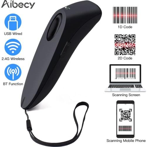 Aibecy Portable 3-in-1 Barcode Scanner Handheld 1D/2D/QR Bar Code Reader Support BT & 2.4G Wireless & USB Wired Connection