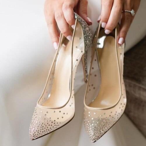 Luxury PVC Mesh High Heels Pumps Shinny Crystal Embellished Wedding Shoes Bride Pointed Toe Shallow Glitter Stiletto Heel Pumps