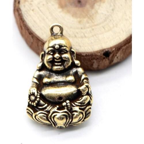 Antique Solid Brass Maitreya Buddha Figurines Retro Copper Animal Tea Pet Desktop Ornament Decor Crafts Keychain Pendants