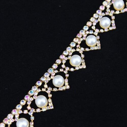 10Yards Rhinestone Trim Hearts Shape Pearls Crystal Sash Appliques Bling Stone Trims for Wedding Dress Prom Sashes Bridal Garter