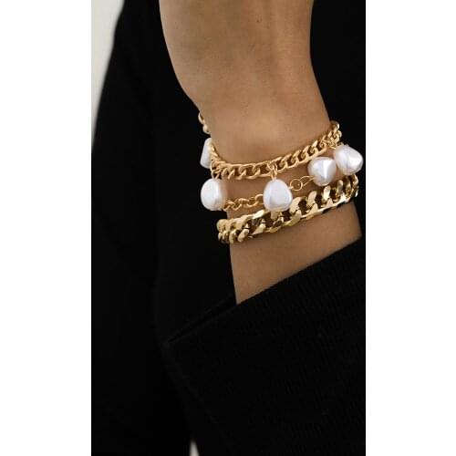 Bohemian Baroque Imitation Pearls Chain Bracelets For Women Statement Gold Color Charm Bangle Bracelet On Hand Fashion Jewelry