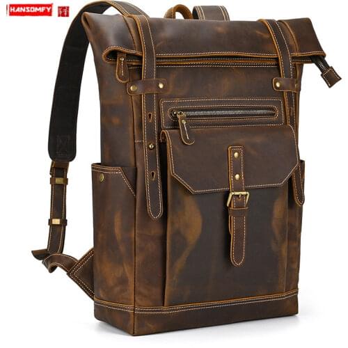 Vintage Cowhide Mens Backpack Crazy Horse Leather Student Schoolbag Large Capacity Backpack 16-Inch Computer Bag for Going out