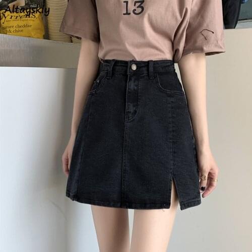 Skirts Women Denim Basic Black Empire A-line Korean Style Casual Chic Simple Female All Match Streetwear Summer Design Split Ins