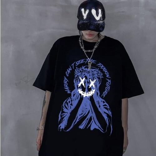 Harajuku Short Sleeve Women T-Shirt Kawaii Punk Gothic Cartoon Print Top Dropshipping Plus Size Black Cotton Y2K Kpop Clothes