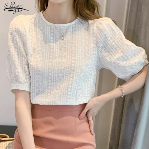 O Neck Casual White Tops Sweet Loose Lace Shirt Summer New Womens 2021 Short Sleeve Korean Embroidery Floral Blouse Women 15217