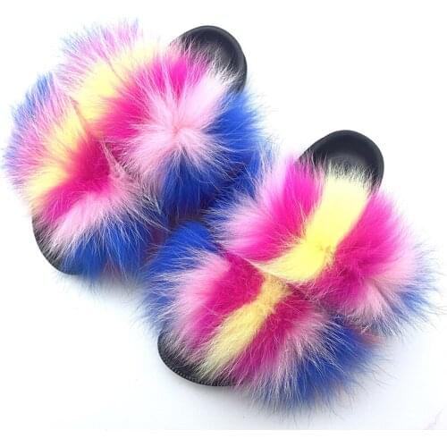 Women Fur Slides Real Fox Fur Slippers Women Plush Furry Mixed Color Fox Fur Flip Flops Fashion Ladies Cute Beach Furry Sandals