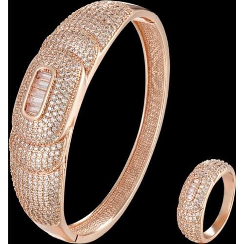 Zlxgirl jewelry luruxy brand mirco pave zircon Copper wedding bracelet with ring jewelry sets metal Gold women size bangles anel
