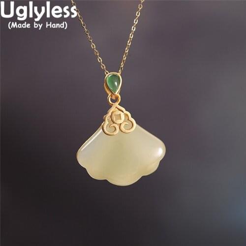 Uglyless Natural Jade Ginkgo Leaf Pendants Necklaces for Women Simple Fashion Silver Necklaces NO Chains 925 Silver Gems Jewelry