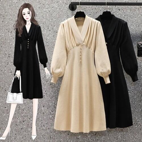 EHQAXIN Plus Size Womens Knitted Dresses Fall Winter 2021 V-Neck French Lantern Sleeves Mid-Length Loose Button Dress M-4XL