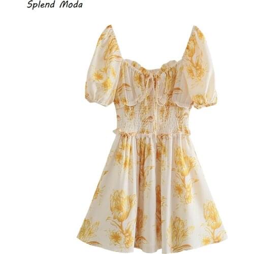 Splend Moda Vintage Square Collar Lace-Up 2021 Summer Elastic Waist Dress Edible Tree Fungus Folds Yellow Print Dress Women
