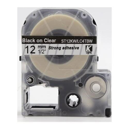 10pcs compatible ST12KW/LC-4TBW black on clear strong adhesive laminated label ribbon cassette for KingJim label machine