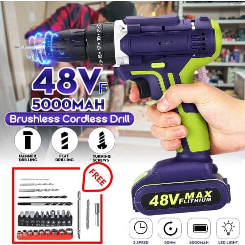 48VF Cordless Lithium Battery Electric Drill Impact Drill Wireless Wrench Drill Power Tools Kit with 2x Battery
