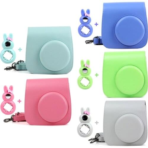5 Colors Quality PU Leather Camera Case and Rabbit Close-Up Selfie Lens for Fujifilm Instax Mini 9/ Mini 8 Instant Film Camera