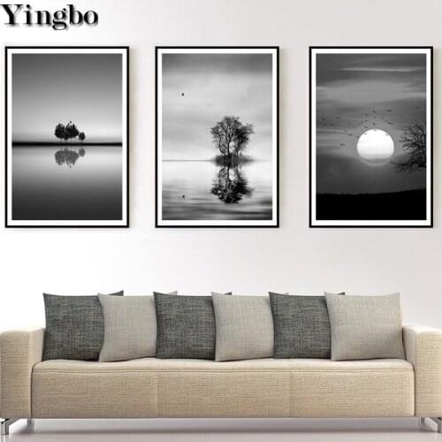 5d cross stitch diamond painting black and white landscape trees birds Canvas Painting diamond mosaic 3 pcs/set new embroidery