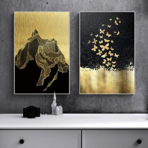 Abstract Gold And Black Mountain Butterfly Landscape Canvas Painting Nordic Wall Art Modern Posters And Prints Home Decor