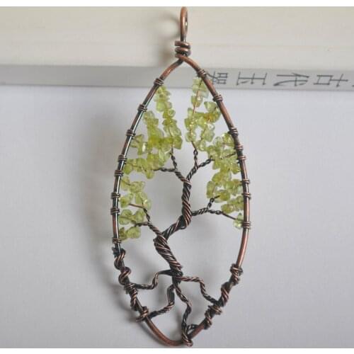 Free Shipping 89X40MM Oval Copper Handmade Wire Wrap Tree of life Natural Stone Green Peridot Olivine Pendant Bead 1Pcs K2077