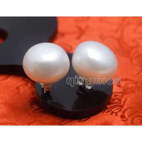 Big 13-14mm White Flat Round Natural Freshwater Pearl Earring & Sterling Silver S925 Stud-ear684
