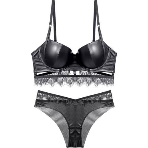 2021 Black Leather Sexy Bra And Panty Sets For Women Thick Padded Push Up Lace Underwear Brassiere Womens Lingerie Set Blue Red