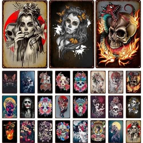 Skeleton Skull Tin Signs Mexican Festival Day of The Dead Plaque Wall Art Metal Painting Party Shop Home Tattoo Parlors Plate