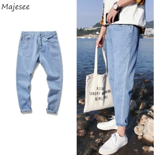 Jeans Men Solid Ankle Length Korean-style Leisure Chic Leisure Mens Denim Trousers Retro Students Autumn New Straight Simple Ins
