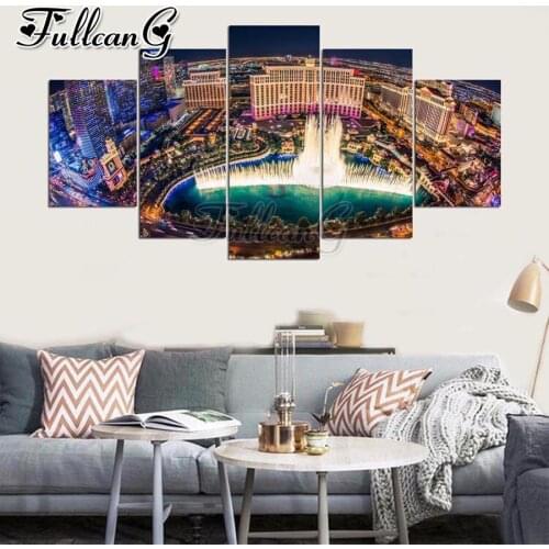 FULLCANG Night city landscape 5 piece diy diamond painting full square round drill mosaic embroidery sale home decoration FC3127
