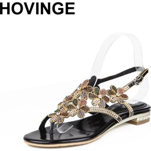 HOVINGE Fashion Plus Size Gold Diamond Flat Leather Flip-Flops Sandals Online Bohemia Luxury Shoes