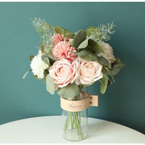 Artificial Rose Flowers Bouquet For Bride Wedding Decoretion 35CM Fake Dried 2 Head Silk Rose Plants For Home Decor DIY House