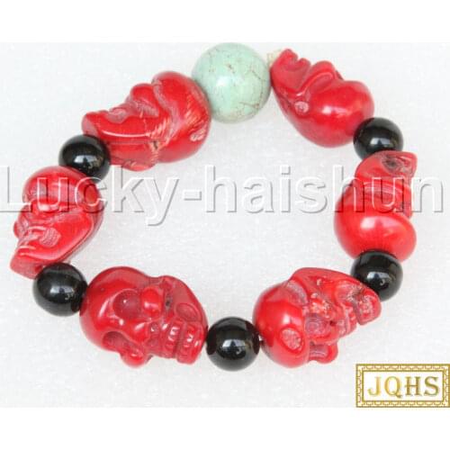 JQHS 7" springy Baroque coral agate turquoise skeleton Bracelet j13208
