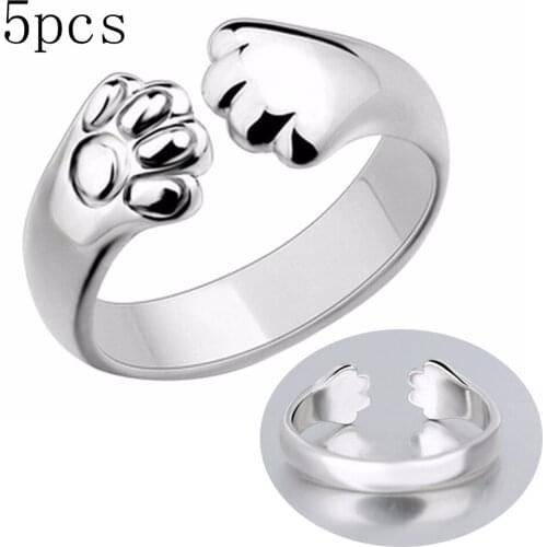 5pcs Simple Metal Love Heart Cat Dog Foot Open Adjustable Rings Animal Style Hollow Paw Ring Jewelry Fashion Women Girl Cute
