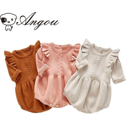 Angou Spring&Autumn Baby Boys Girls Knitted Clothes Long flying Sleeves Ruffle Pure Color Jumpsuit Cotton Infant Baby Costume
